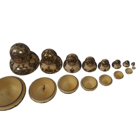 VTG MATRYOSHKA Gold Hand Painted Wood Burned Russian Nesting Dolls Set of 9 - Picture 2 of 12